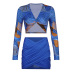 Blue Printed Deep V Top & Package Hip Skirt Set NSKAJ103815