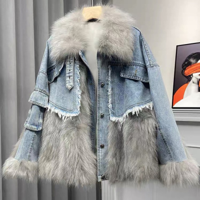 Winter Fur Stitching Long-sleeved Denim Coat Nihaostyles Wholesale Clothing NSYIS104367