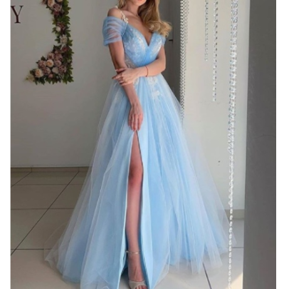 Solid Color Lace V-neck Slit Prom Dress Nihaostyles Clothing Wholesale NSYLY103450