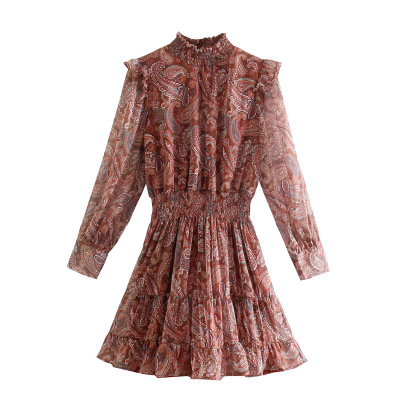 Cashew Flower Print Long-Sleeved With Agaric Edge Dress NSXFL103713