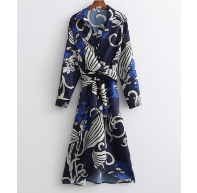 Printed Satin Knotted Shirt Dress NSXFL103629