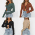 Solid Color Full Zipper Long-Sleeved Crop Top NSLDY103826