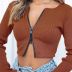 Solid Color Full Zipper Long-Sleeved Crop Top NSLDY103826