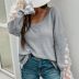 Lace Stitching Long-Sleeved V-Neck T-Shirt NSDF103831