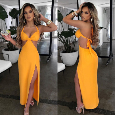 Summer Yellow Backless Slit Dress Nihaostyles Wholesale Clothing NSFR103946