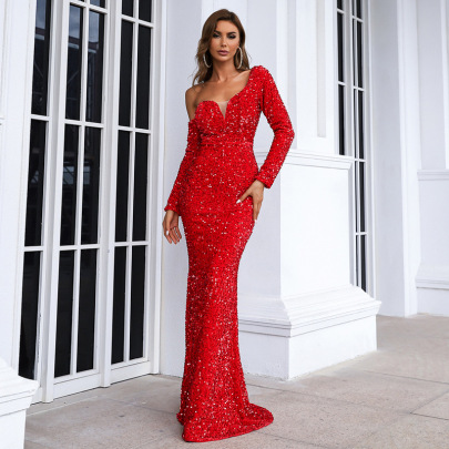 Fishtail One-shoulder Long-sleeved V-neck Sequins Prom Dress Nihaostyles Wholesale Clothes NSKAN104057
