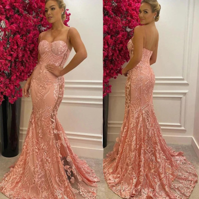 Sleeveless Suspender Sequins Mesh See-through Slim Prom Dress Nihaostyles Wholesale Clothes NSYLY104086