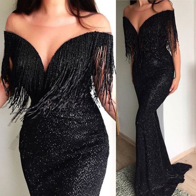 V-neck Sleeveless Slim Sequins Tassels Prom Dress Nihaostyles Wholesale Clothes NSYLY104089