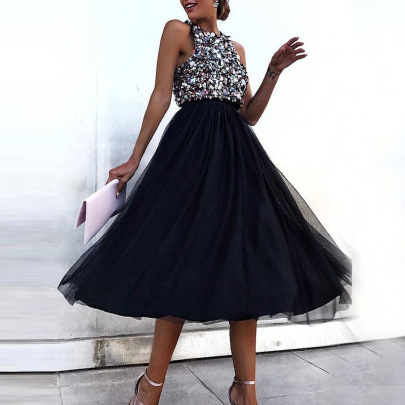 Sleeveless Hanging Neck Sequin Mesh Prom Dress Nihaostyles Wholesale Clothes NSYLY104102
