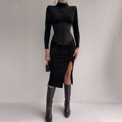 Black Long-sleeved Stand-up Collar Stitching Velvet Slit Dress Nihaostyles Wholesale Clothing NSYID104915