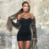 Sexy Black Mesh Long-Sleeved Halterneck Off-Shoulder Dress NSYID104914
