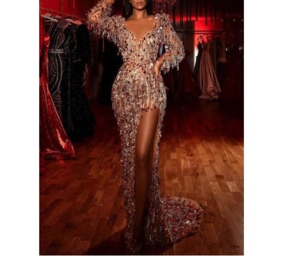 Sequined V-neck Long-sleeved Prom Dress Nihaostyles Clothing Wholesale NSGRM103508
