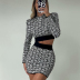 Print Short Stand-Up Collar Long-Sleeved Top Slim Bag Hip Skirt Set NSJC104451