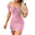 Slim Lace-Up Plaid Print Leaking Shoulder Short Dress NSLZ104461