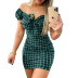 Slim Lace-Up Plaid Print Leaking Shoulder Short Dress NSLZ104461