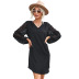 Black See-Through Jacquard Long-Sleeved V-Neck Dress NSDMB104550