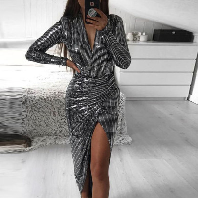 V-neck Long-sleeved Sequins Split Prom Dress Nihaostyles Wholesale Clothes NSYLY104783