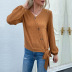 Brown V-Neck Button Decorated Knitted Sweater NSYYF104796