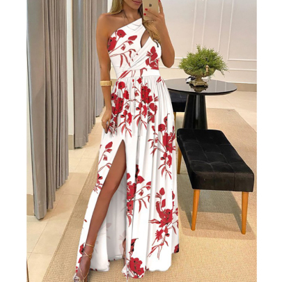 Sleeveless Printed  Oblique Shoulder Hollow Slit Dress Nihaostyles Wholesale Clothing NSXIA104385