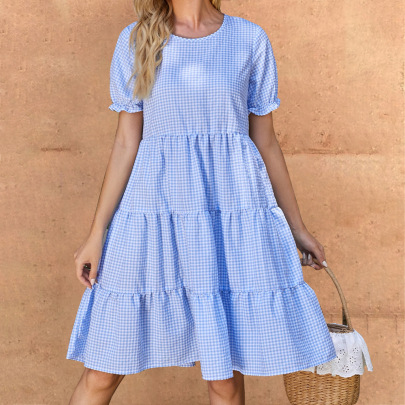 Blue Plaid Short-sleeved Layered Dress Nihaostyles Wholesale Clothing NSGYX104930