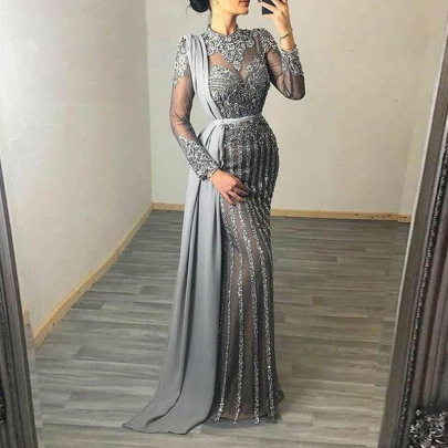 See-through Mesh Stitching Sequined Mopping Prom Dress Nihaostyles Wholesale Clothing NSKXN104986