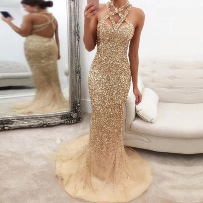 Sexy Sequined Halterneck Backless Mopping Prom Dress Nihaostyles Wholesale Clothing NSKXN105007