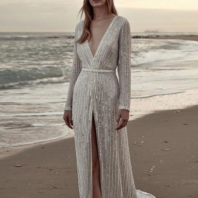  Sequined Deep V Long-sleeved Slit Prom Dress Nihaostyles Wholesale Clothing NSKXN105010