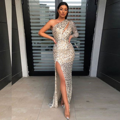 Sexy Sequined Single-shoulder Unilateral Long-sleeved Prom Dress Nihaostyles Wholesale Clothing NSKXN105011