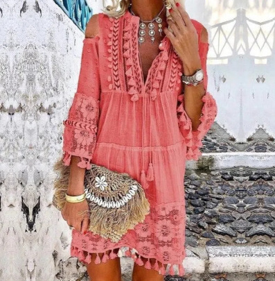 Tassels V Neck Lace Long Sleeve Loose Dress Nihaostyles Wholesale Clothes NSGRM105047