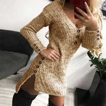 Knit V-neck Slim Tight-fitting Pure Color Split Sweater Dress Nihaostyles Wholesale Clothes NSPZN105089