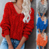 Solid Color Hollow V-Neck Knitted Long-Sleeved Pullover Sweater NSPZN105151