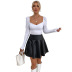Pleated High Waist Pu Leather Skirt NSJM105175
