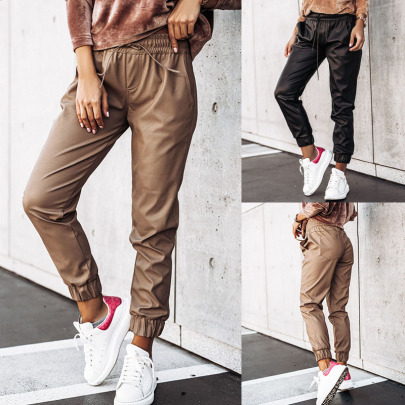 Solid Color Tether Slim Leather Pants NSHM105193