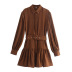 Brown Long-Sleeved Belted Shirt Dress NSXFL105250