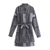 Grid Stitching Strip Printed Lace-Up Shirt Dress NSXFL105258