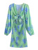 Green Lantern-Sleeved V-Neck Bowknot Decorated Floral Hollow Dress NSXFL105263
