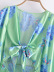 Green Lantern-Sleeved V-Neck Bowknot Decorated Floral Hollow Dress NSXFL105263