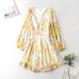 Yellow Floral Printed Long-Sleeved V-Neck Dress NSXFL105285