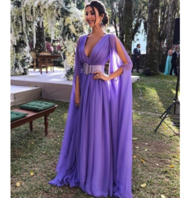 Purple Slit Long-sleeved Deep V Belted Prom Dress Nihaostyles Wholesale Clothing NSKXN105012