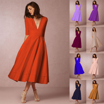 Solid Color Deep V Midi-sleeve Dress Nihaostyles Wholesale Clothing NSKXN105008
