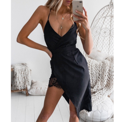 Black V-neck Lace Stitching Irregular Hem Suspender Dress Nihaostyles Wholesale Clothing NSKXN104998