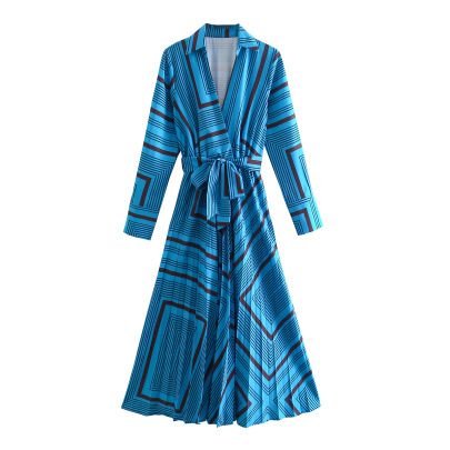 Blue Bottom Black Stripe Printing Lace-up Dress Nihaostyles Wholesale Clothing NSXFL105322