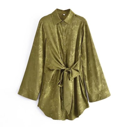 Olive Green Satin Jacquard Lace-up Trumpet Sleeve Dress Nihaostyles Wholesale Clothing NSXFL105254
