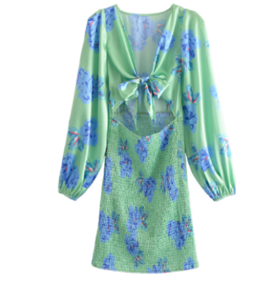 Green Lantern-sleeved V-neck Bowknot Decorated Floral Hollow Dress Nihaostyles Wholesale Clothing NSXFL105263