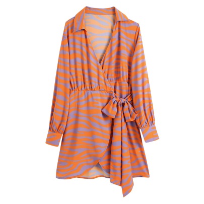 Orange Zebra Print Long-Sleeved Lace-Up Shirt Dress NSXFL105286