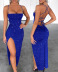 Blue Sequined Tube Top Slit Suspender Prom Dress NSXPF105522