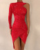 Red Sequined Unilateral Long-Sleeved Tight Prom Dress NSXPF105527