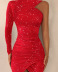 Red Sequined Unilateral Long-Sleeved Tight Prom Dress NSXPF105527
