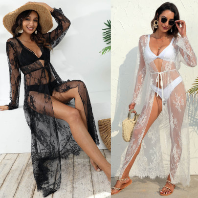 Sexy Black See-Through Lace Lace-Up Beach Smock NSOY105604