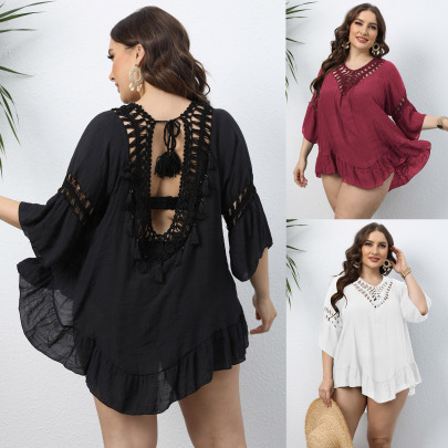 Plus Size Sexy Short Hollow Ruffled Beach Top Nihaostyles Wholesale Clothing NSOY105606